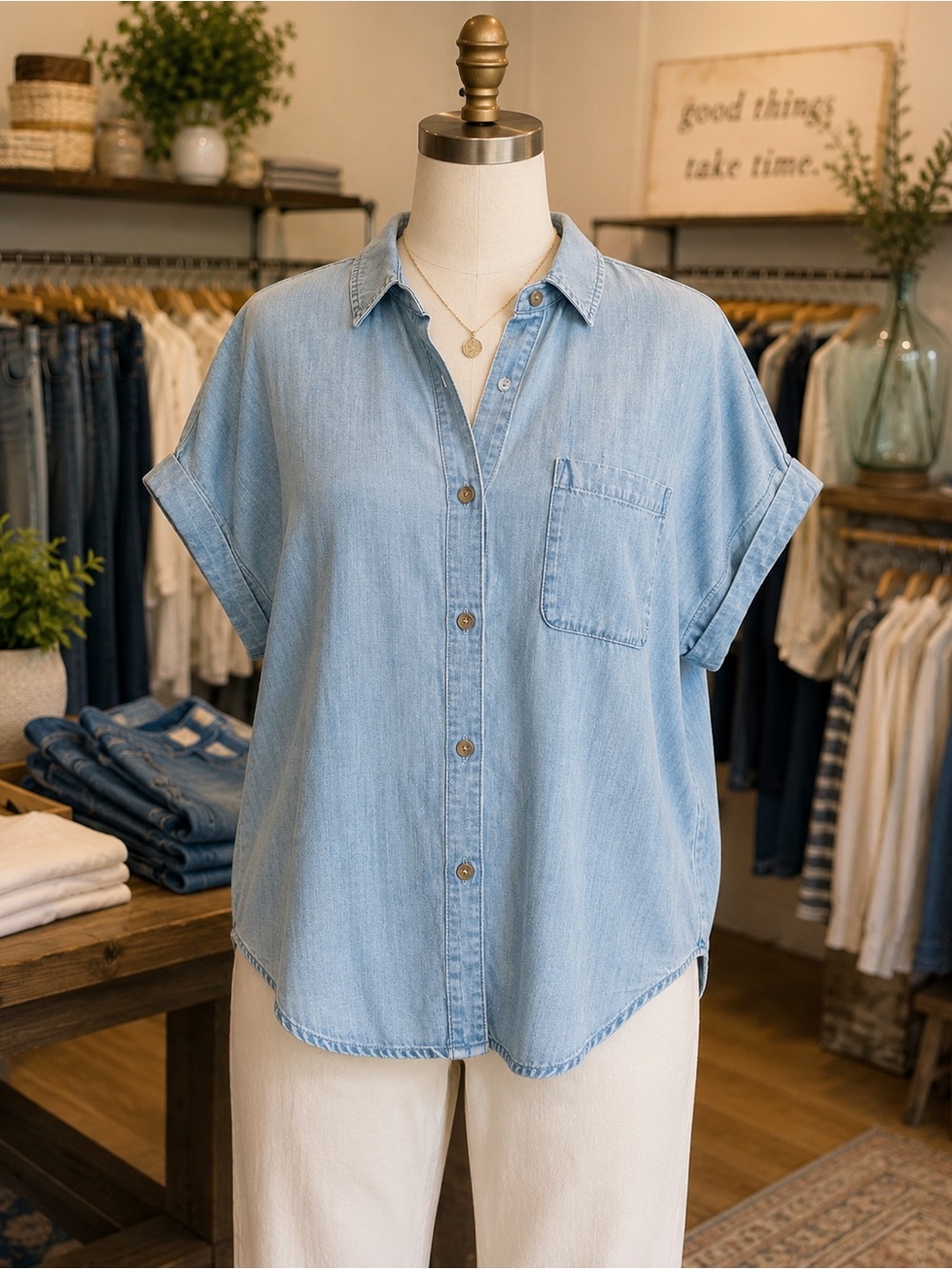Cloth & Stone Tencel Lyocell Chambray Button Front Dolman Sleeve Shirt Medium